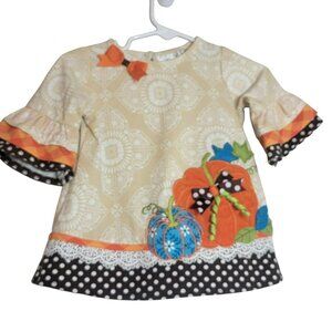 Rare Editions Top, Baby Girl 12M, Tan w/Orange & Blue Pumpkin, Fall Fashion, EUC